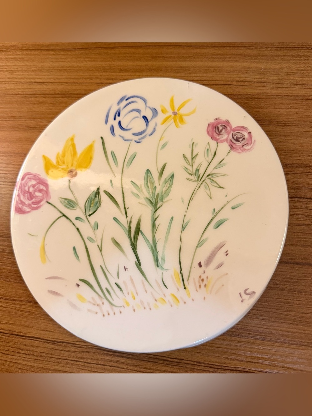 Vintage Hand Painted Floral Ceramic Trivet Hot Plate Signed ST 8 Inch Cork Back